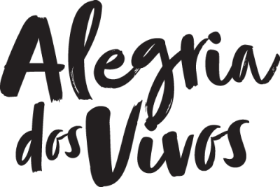 Texto preto 'Alegria dos Vivos' em letra cursiva sobre fundo branco
