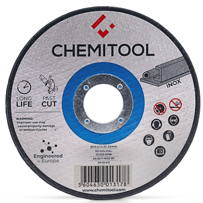 Disco de corte CHEMITOOL para inox com anel azul e texto de especificações