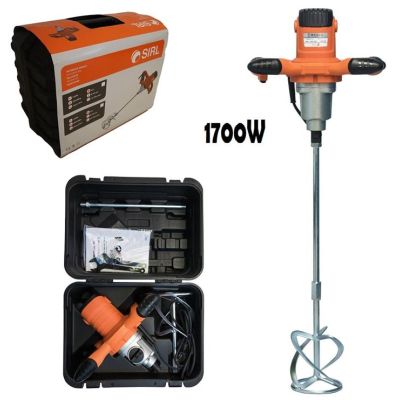 Misturador elétrico laranja e preto com potência de 1700W e estojo de armazenamento preto com acessórios.