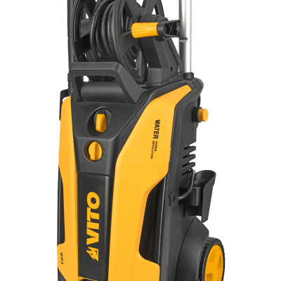 Limpa-pressões portátil preto e amarelo com mangueiras e rodas