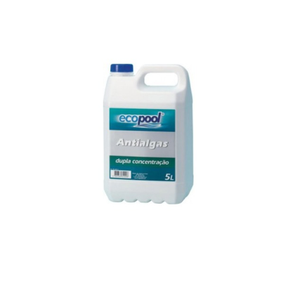 Frasco branco 5L Ecopool Antialgas com tampa azul.