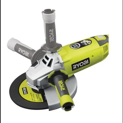 Esmerilhadora elétrica Ryobi amarela e cinza com punho ergonómico