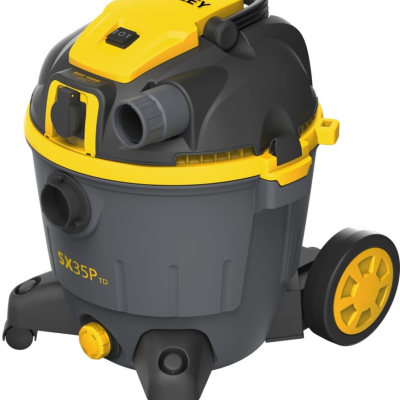 Aspirador industrial Stanley cinzento e amarelo com rodas e conexões frontais