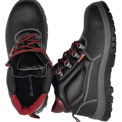 Botas de segurança pretas com detalhes vermelhos e etiqueta BELLOTA