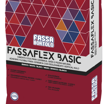 Saco de cimento cola FASSAFLEX BASIC com padrão geométrico colorido e texto informativo