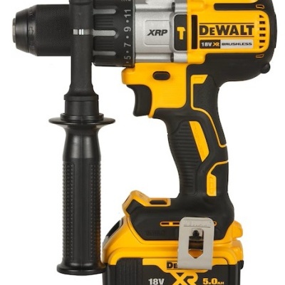 Berbequim inalámbrico DEWALT XR amarelo e preto com punho lateral e bateria