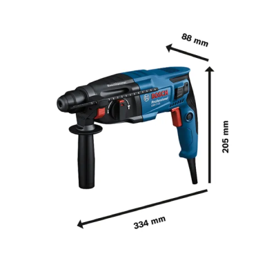 Furadeira azul e preta Bosch com alça lateral e medidas indicadas num fundo branco