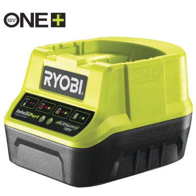 Carregador de bateria Ryobi verde e preto com texto