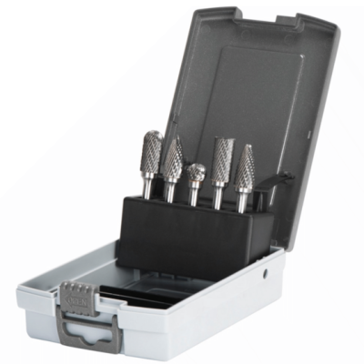 Conjunto de fresas metálicas em caixa de plástico cinza aberta