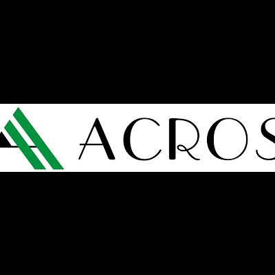 Logotipo da ACROS com triângulos verdes e pretos e texto ACROS
