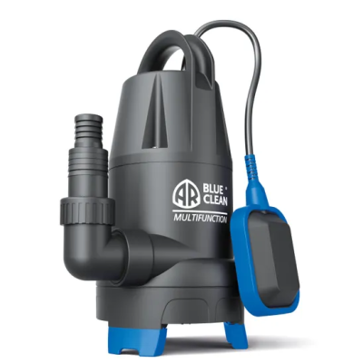 Bomba submersível cinzenta com detalhes azuis e etiqueta com texto