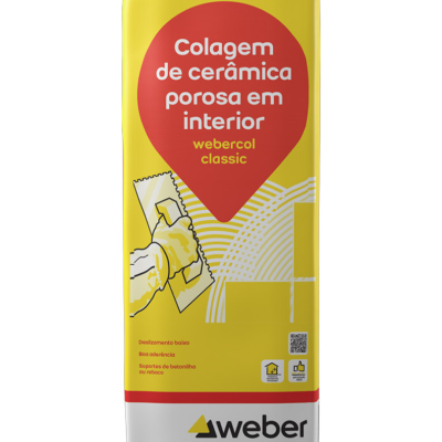 Embalagem de colagem de cerâmica porosa Weber Webercol Classic em amarelo, vermelho e branco