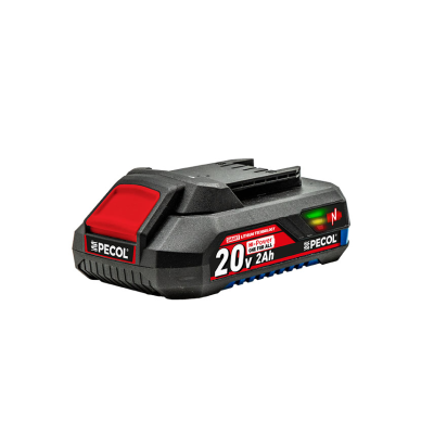 Bateria recarregável preta e vermelha PECOL 20V 2Ah com indicadores de carga