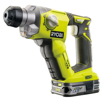 Martelo perfurador sem fio RYOBI amarelo e cinza com bateria de lítio