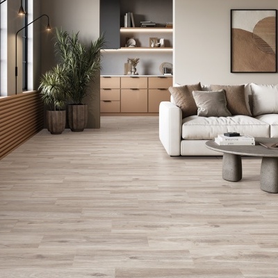 Sala de estar com sofá branco, chão de madeira clara e decoração moderna