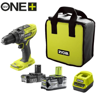 Conjunto Ryobi com furadeira a bateria, duas baterias, carregador e bolsa de transporte
