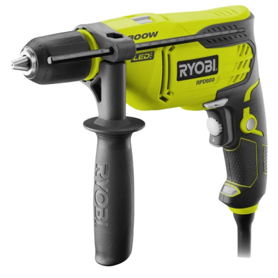 Parafusadeira elétrica Ryobi RPD800 verde e preta com punho adicional