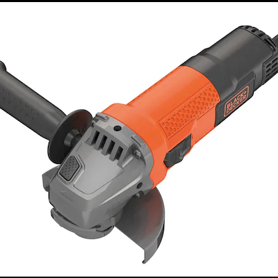 Esmeriladora angular preta, laranja e cinza com punho lateral e cabo