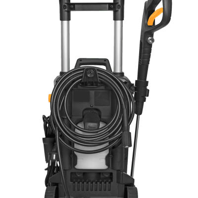 Máquina de alta pressão preta com cabo enrolado e pistola com detalhe amarelo