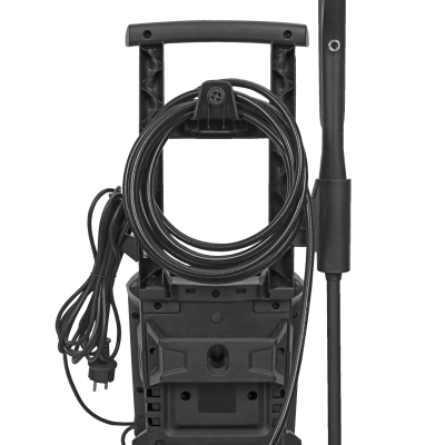 Máquina de lavar a alta pressão preta com rodas, cabo e pistola de aspersão