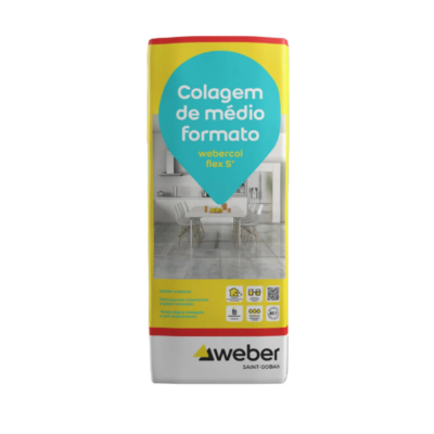 Sacola de colagem de médio formato Weber em amarelo e branco com texto azul e imagem de sala de jantar