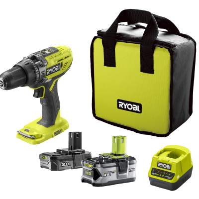 Conjunto furadeira sem fios Ryobi com baterias, carregador e mala de transporte amarelo e preto