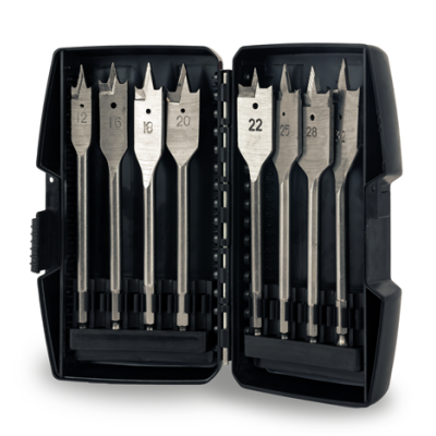 Conjunto de brocas chatas para madeira em caixa preta organizada