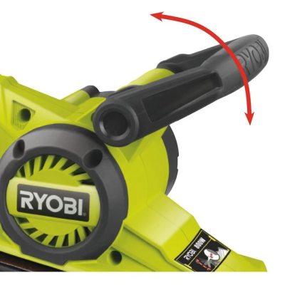 Ferramenta elétrica Ryobi verde e preta com alça ajustável e botão vermelho