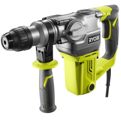 Martelo perfurador elétrico Ryobi cinza e amarelo com punhos emborrachados