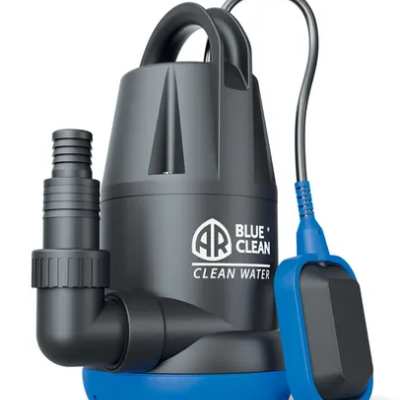 Bomba de água submersível preta e azul com texto e flutuador azul