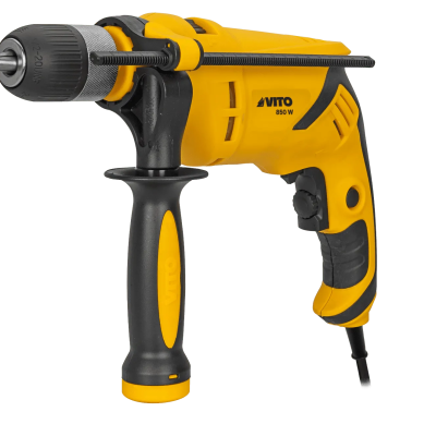 Furadeira elétrica amarela e preta com empunhadura adicional