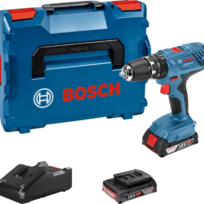 Conjunto furadeira aparafusadora Bosch azul com mala rígida azul, bateria e carregador