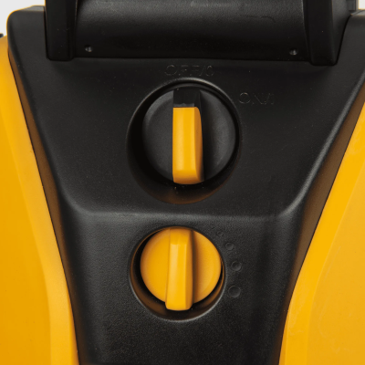 Dois botões giratórios amarelos em fundo preto com palavras OFF e ON