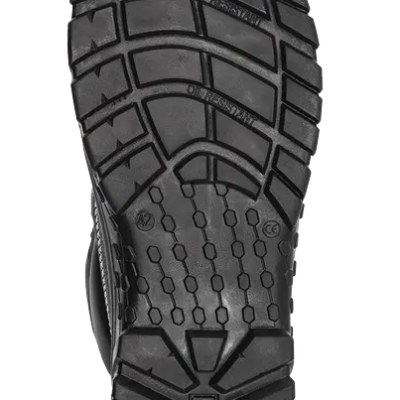 Sola preta de sapato com padrão antiderrapante e inscrições