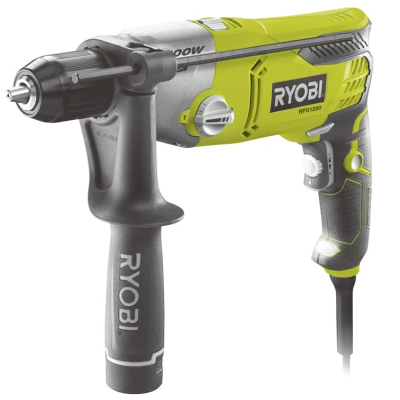 Furadeira elétrica RYOBI verde e cinzenta com punho adicional