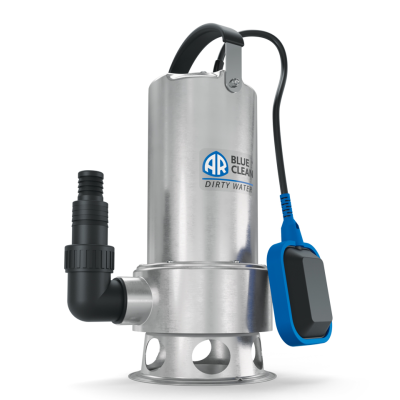 Bomba submersível metálica prateada com cabo e flutuador azul e preto