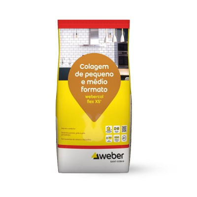 Saco de colagem para azulejos Webercol flex XS com texto e cores branco, amarelo, vermelho e castanho