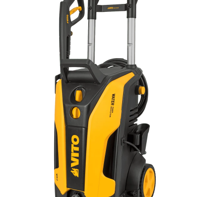 Lavadora alta pressão VITO amarela e preta com rodas e pega ajustável.