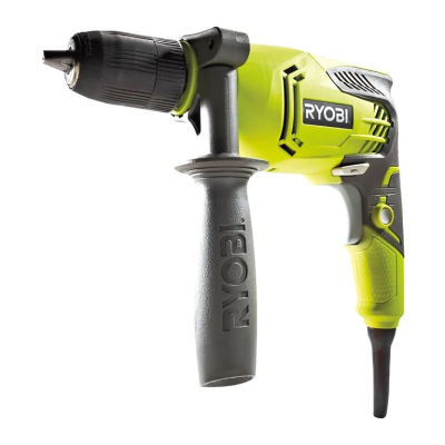 Furadeira elétrica com cabo da marca RYOBI, verde e preta