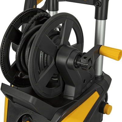 Carretel de mangueira preto e amarelo com manivela