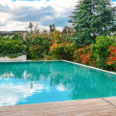 Piscina exterior retangular com deck de madeira e vegetação ao redor