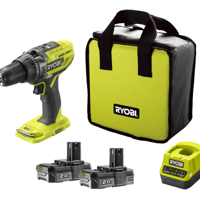 Conjunto de ferramenta elétrica Ryobi com furadeira, bolsa, baterias e carregador.