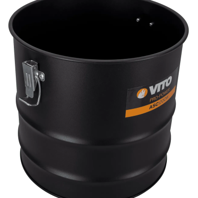 Balde cilíndrico preto com pega metálica e etiqueta VITO PRO-POWER ASG1200W.