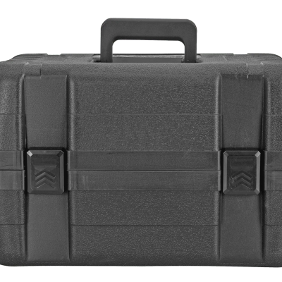 Mala de transporte preta em plástico rígido com pega central