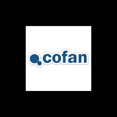 Logótipo azul com o texto 'cofan' e círculo