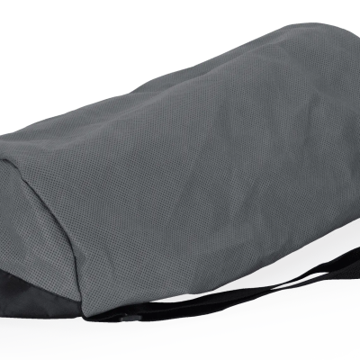 Mala cinzenta e preta tipo saco com alça sobre fundo branco