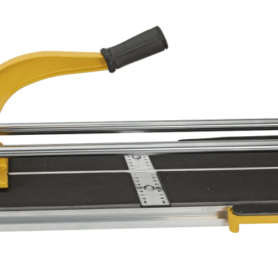 Cortador manual de cerâmica amarelo e preto com base metálica.