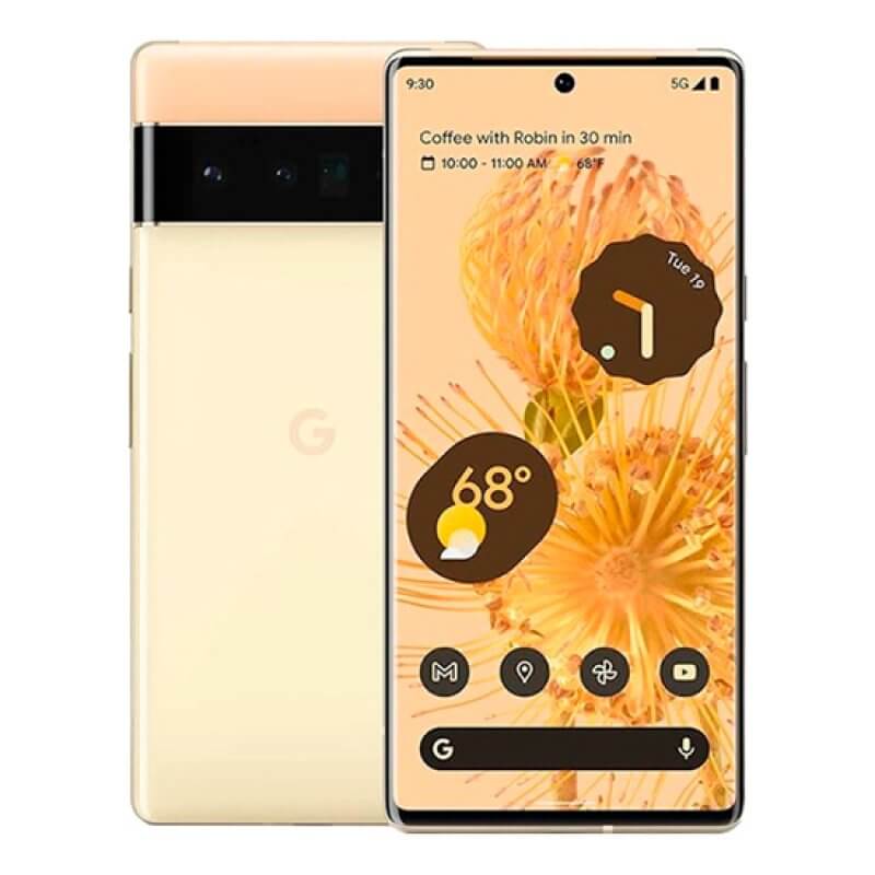 Smartphone Google Pixel creme com parte preta e ecrã colorido