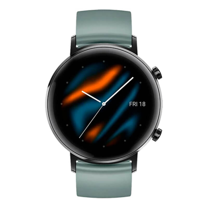 Relógio inteligente com bracelete azul esverdeado e mostrador com padrões laranja e azul