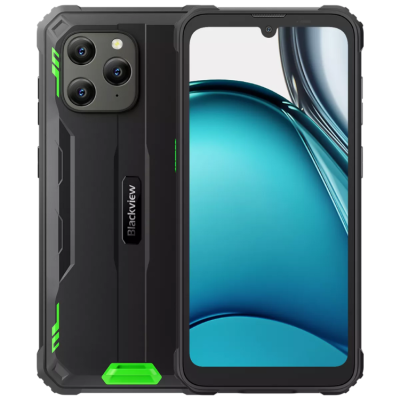 Smartphone Blackview preto com detalhes verdes e ecrã com entalhe.